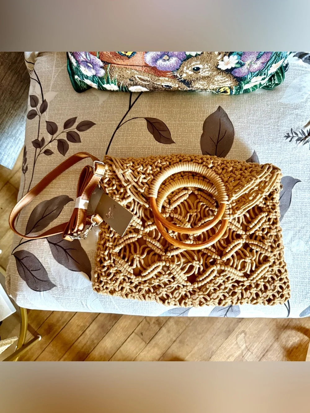 MACRAMÉ TOTE WOODEN HANDLES FOLDOVER  CROSSBODY STRAP NWT